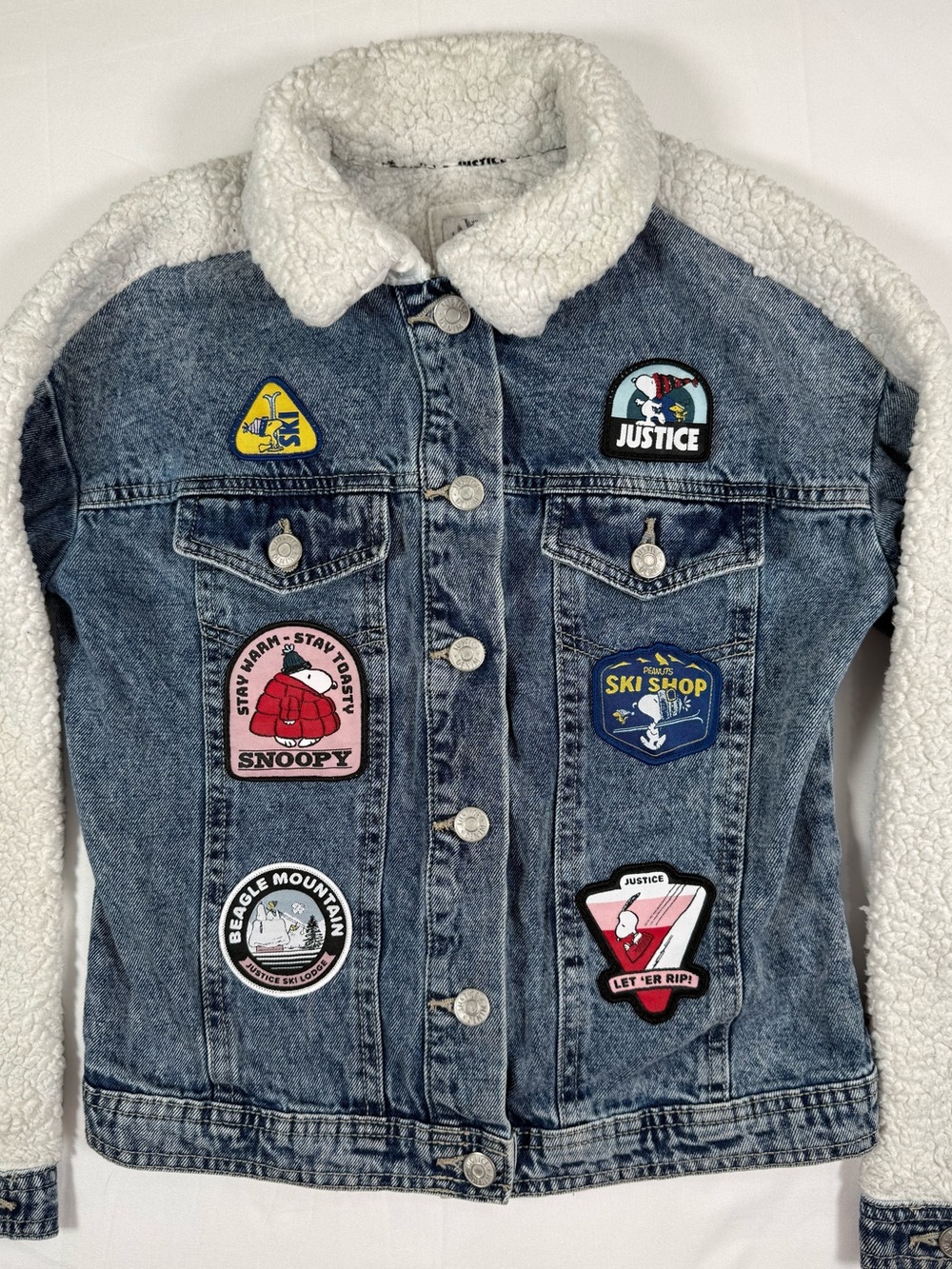 JUSTICE Girls Snoopy Peanuts 75th Sherpa Denim Jacket S 7/8 Ski Patches Winter‎